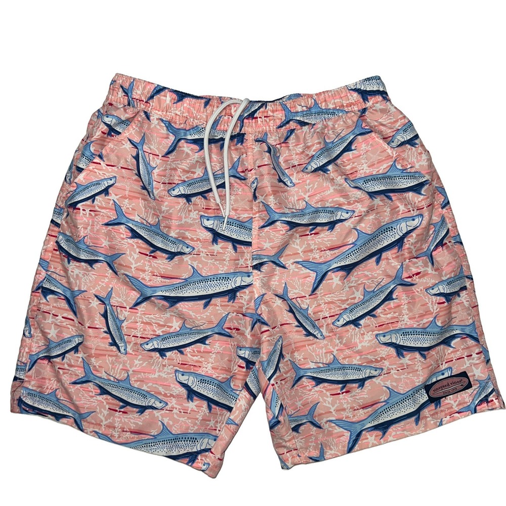 Vineyard Vines Men's Pink Blue Fish Print Swim Trunks Pull On Shorts Size Small